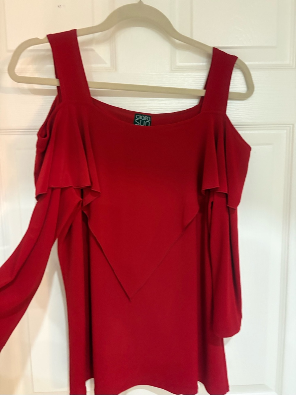 Clara Sun Woo Red Cold Shoulder Top with Ruffle Detail— Large
